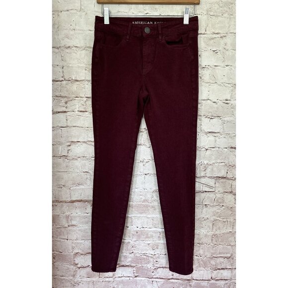 American Eagle Hi-Rise Jegging Burgundy Sateen Super Super Stretch X4 Size 2 Reg - Picture 1 of 3